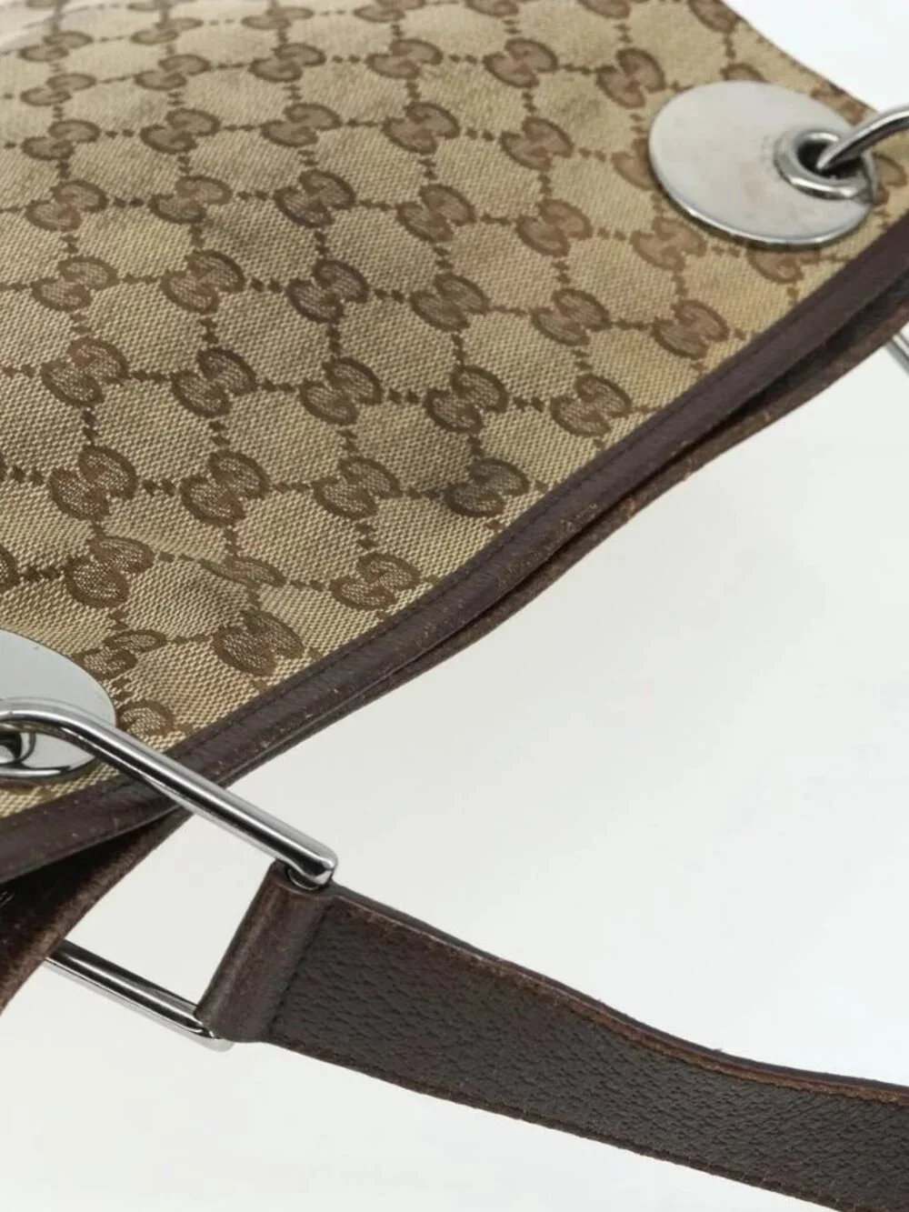 GUCCI GG Canvas Shoulder Bag Beige Brown Silver 120841 Auth am11410